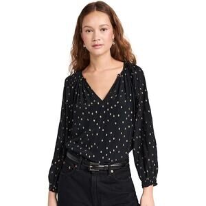Velvet Black Sheer Blouse Modest Gold Metallic Dot Ruffle Neck XS NWT